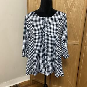 Torrid Blue & White Checkered Blouse with Lace up tie in the front